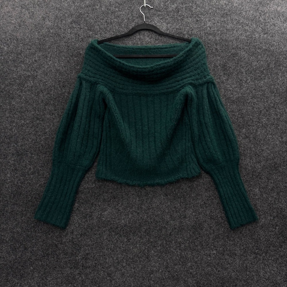 Pilcro Anthropologie Forest Green Ribbed Off Shoulder Puff Sleeve Sweater S